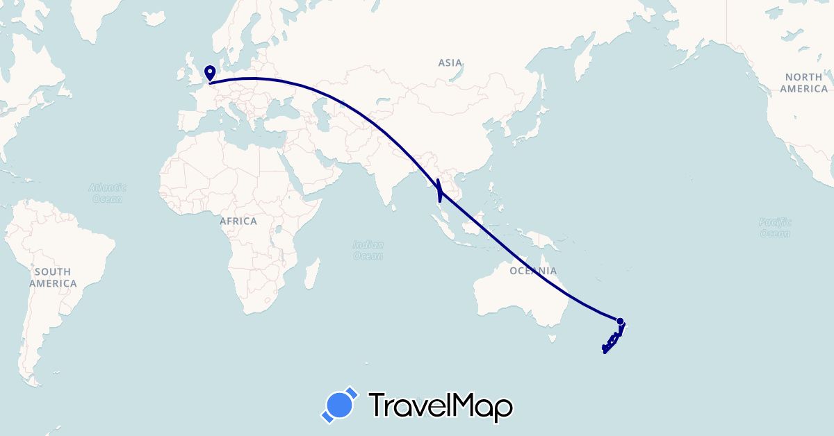 TravelMap itinerary: driving in Belgium, New Zealand, Thailand (Asia, Europe, Oceania)